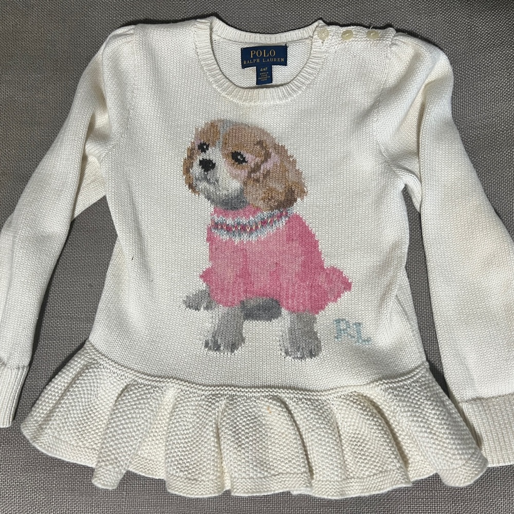 Girls Polo Peplum Puppy Sweater Sz 4T